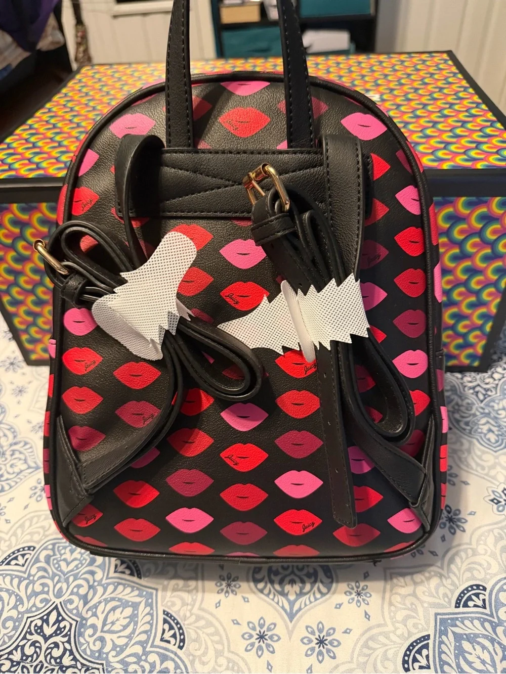 Juicy Couture Black Lip-Print Mini Backpack with Pink & Red Accents